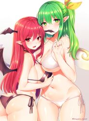 2girls ass daiyousei green_hair head_wings huge_breasts koakuma looking_at_viewer marota_(imyme_maro) pointy_ears red_hair succubus swimsuit tagme touhou