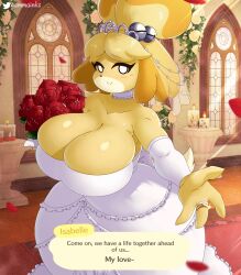 animal_crossing anthro black_eyes bride canid canine canis female fur furry furry_only gammainks hi_res huge_breasts isabelle_(animal_crossing) married married_couple mob_face nintendo tail wedding_dress wholesome yellow_fur