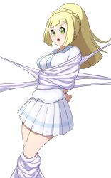 1girls blonde_hair bondage bound green_eyes hi_res lillie_(pokemon) looking_at_viewer nintendo okra_sticky pokemon pokemon_sm restrained skirt solo spider_web tied tied_up web_bondage