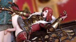 1boy 1girls 3d armor golden_armor hildegard_von_krone mrstranger on_knees partial_male princess red_hair royal royalty shiny_hair shiny_skin soul_calibur tagme vaginal_penetration vaginal_sex