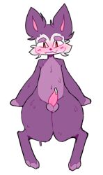 anthro bag_of_lewds balls blush bodily_fluids cum felid feline fur genital_fluids genitals hi_res male mammal navel paws penis pixile_studios precum prehensile_penis purple_body purple_fur simple_background skullcat_(sar) solo super_animal_royale sweat thick_thighs video_games white_body white_fur wide_hips