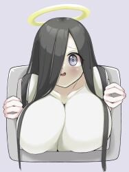 2022 3:4 absurd_res accidental_circumstance accidentally_stuck black_hair blue_eyes blush breast_squish breasts clothing cosplay crossover cute dress eyes_visible_through_hair ghost ghost_girl grey_background grey_dress hair_over_one_eye halo highres huge_breasts ikigai long_hair looking_at_viewer open_mouth pale-skinned_female pale_skin ryouki_(senran_kagura) senran_kagura simple_background smile stuck stuck_in_object the_ring through_screen tight_clothing tongue wholesome yamamura_sadako