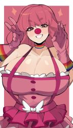 1girls big_breasts black_eyes blush breasts choker cleavage clothed clothing clown clown_girl clown_makeup clown_nose dress female female_only geiru_toneido gloves gyakuten_saiban heart heart-shaped_pupils large_breasts looking_at_viewer pink_hair smile solo solo_female yoshiikirablr