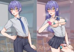 1boy aina123 balls_in_panties before_and_after blush crossdressing femboy feminization girly male_only micro_bikini necktie original otoko_no_ko purple_hair school_uniform sissification