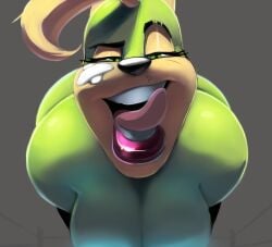 1girls alpha alpha_(vimhomeless) anthro bedroom_eyes breasts canine cartoony clothing eyelashes female female_only furry green_eyes licking_lips open_mouth smile smoochable solo solo_female thick_bottom_lip thick_lips tongue tongue_out