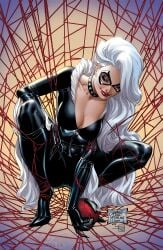 1girls 2019 black_bodysuit black_cat_(marvel) black_choker black_collar blue_eyes bodysuit breasts choker cleavage collaboration collar collarbone comic_cover derivative_work domino_mask eyelashes eyeshadow felicia_hardy female female_only full_body fur_trim half-closed_eyes highres holding j_scott_campbell large_breasts lips lipstick long_hair looking_down makeup marvel marvel_comics mascara mask nose official_art pink_lips red_lips sabine_rich signature silk silver_hair simple_background smile solo spider-man_(series) spider_web squatting thighs watermark web_address white_hair yarn