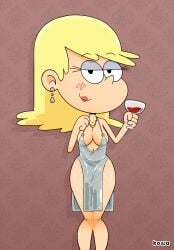 1girls 236kbs alcohol big_breasts blush breasts cleavage dress earrings eyelashes eyeshadow female female_only half-closed_eyes leni_loud lipstick makeup red_wine shiny_dress smile solo solo_female solo_focus sparkly_dress the_loud_house thick_thighs thigh wine wine_glass