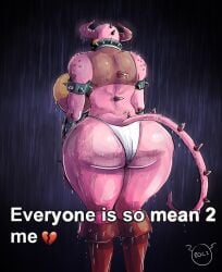 1boy 1girls anthro ass big_ass big_breasts breasts dragon everyone_is_so_mean_2_me female female_only horns meme partially_clothed patty_(vimhomeless) pink_body pink_scales rain rear_view sad scalie tail thick_thighs vimhomeless