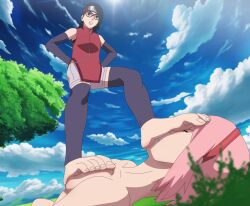 2girls barefoot black_eyes black_hair boruto:_naruto_next_generations breasts clothed_female_nude_female defeated domination feet feet_on_breasts feet_up female female_only foot_domination foot_fetish foot_on_breast forehead_protector glasses green_eyes hiimpu looking_down lying mother_and_daughter multiple_girls naruto naruto_(series) one_eye_closed outdoors pink_hair sakura_haruno sarada_uchiha small_breasts standing_on_person stomping yuri