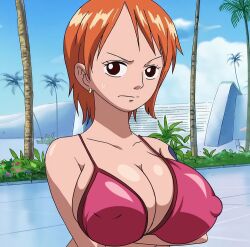 big_breasts edit female female_only nami nipple_bulge one_piece orange_hair rokasta1_(artist) screenshot_edit short_hair swimsuit