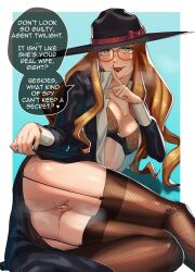 1girls big_hat bra english_text fishnet_stockings garter_straps ginger glasses hat hat_ribbon honkeronies_(artist) implied_netorare lifting_skirt open_shirt orange_hair presenting_pussy pussy pussy_peek shounen_jump shounen_jump+ sitting_on_side source_request speech_bubble spread_legs spy_x_family sylvia_sherwood wet_pussy