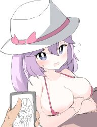 1girls bra hat phone pink_hair pokemon pokemon_bw2 yancy_(pokemon)