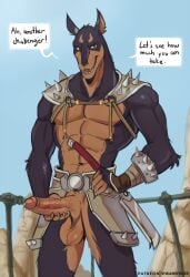 abs anthro armor balls belt bodily_fluids canid canine dialogue dobo_(thundercats) dripping erection genital_fluids genitals humanoid_genitalia humanoid_penis male male_only mammal melee_weapon muscular muscular_male pecs penis precum precum_drip smile solo spiked_armor spikes sword vhkansfweer weapon