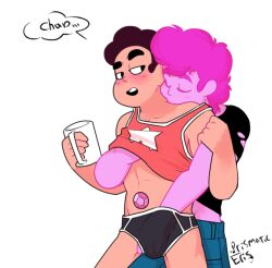 2boys balls black_briefs black_hair black_underwear blush blushing briefs bulge bulge_grab cartoon_network cum gay gay_sex hand_on_penis kiss_on_neck male male_only penis penis_grab pink_hair pink_skin pink_steven prismatic_eris selfcest steven_quartz_universe steven_universe underwear yaoi