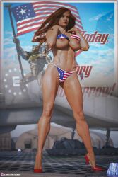 1girls 2021 3d abs american_flag_bikini bikini bikini_top_lift brown_hair cruisse fallout fanart female female_only high_heels huge_breasts long_hair necklace red_high_heels slushe_(website) solo solo_female standing