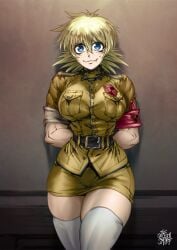 1girls arms_behind_back athletic_female big_breasts blonde_hair blue_eyes fang female female_only hellsing hellsing_ultimate hi_res leaning_against_wall light_blush looking_at_viewer oerba_yun_fang seras_victoria skirt smiling smiling_at_viewer solo solo_female thegoldensmurf thick_thighs thighhighs white_thighhighs