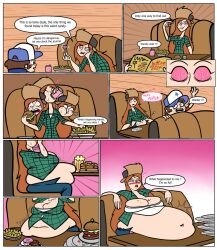 bbw belly belly_stuffing big_belly big_breasts bloated bloated_belly breasts cleavage comic dipper_pines eating empty_plates fakstachoo fat female female_focus food food_stains freckles get_on_a_treadmill ginger gravity_falls huge_belly hypnosis large_breasts mind_control obese overweight plates red_hair spiral_eyes stuffed stuffed_belly stuffing vore weight_gain wendy_corduroy