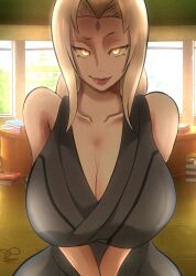 1girls alternate_version_available big_breasts blonde_hair breast_focus breasts cleavage clothing female female_only hair huge_breasts large_breasts lips looking_at_viewer mature mature_female mature_woman milf naruto naruto_(series) orange_eyes powkasa seductive seductive_smile smile solo solo_female thick_lips topwear tsunade