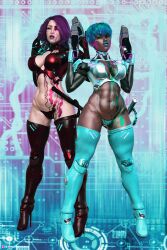 2020 2girls 3d abs armor blue_hair blue_lipstick boots clothed clothing cruisse dark-skinned_female dark_skin dual_wielding female female_only futuristic_clothing gloves glowing_clothing green_hair green_markings high_heel_boots high_heels holding_gun iridescent_hair large_breasts lipstick looking_at_viewer markings multiple_girls pinup purple_hair purple_lipstick purple_markings sci-fi science_fiction slushe_(website) standing teal_lipstick thighhigh_boots thighhighs wide_hips