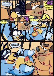 2022 2boys anal anal_sex anthro ass australian_cattle_dog balls bandit_heeler blue_body blue_fur bluey_(series) brown_body brown_fur canid canine canis cattledog clothing collared_shirt comic dialogue digital_media_(artwork) domestic_dog duo fur gay genitals herding_dog hi_res inked-waffle male male/male mammal mature_male pastoral_dog penetration penis sling sparky_(bluey) underwear