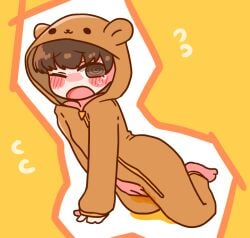 1boy basshi_yaeba_(sa_shimi) bear_onesie blush blushing cute embarrassed onesie pajamas peeing solo urine wetting wetting_self yellow_background