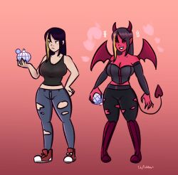 before_and_after corruption demon demon_girl demon_horns demon_tail demon_wings female high_heels huge_breasts inkyfluffdraws skin_color_change succubus thick_thighs transformation wide_hips