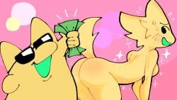 5_fingers ass big_ass big_breasts black_eyes breasts bubble_butt butt female flowuhflowuh green_mouth hyojin looking_back money open_mouth pink_background simple_background sunglasses sweat tail thick_thighs thighs yellow_body yellow_fur yellow_skin youtube youtuber