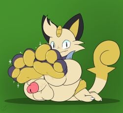 absurd_res anthro balls black_pupils cat_ears_(disambiguation) claws electricsnowfox feet foot_fetish foot_focus fur genitals glistening glistening_pawpads hi_res humanoid_genitalia humanoid_penis male meowth nintendo pawpads paws penis pokémon_(species) pokemon pupils slit_pupils solo tan_body tan_fur video_games white_eyes