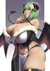 bare_midriff breasts cleavage commission demon_girl demon_horns demon_tail demon_wings green_eyes green_hair horns huge_breasts navel original packge short_hair solo succubus tail thick_thighs wide_hips wings