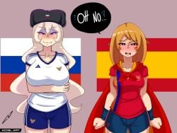 >:3 2girls accelart big_breasts defeated eastern_european european female female_only football human human_only light-skinned_female light_skin multiple_girls national_personification russia russia-chan_(accelart) russian_flag slavic smile southern_european spain spain-chan_(accelart) spanish_flag world_cup