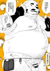 2022 anthro balls belly big_belly censored dialogue facial_hair flaccid genitals hi_res humanoid_genitalia humanoid_hands humanoid_penis japanese_text kemono male mammal mature_male moobs moustache nipples overweight overweight_male penis shintatokoro text ursid