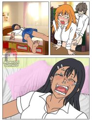 1boy 2girls aroused bed black_hair blush brown_hair cheating clothed clothing crying crying_with_eyes_closed cuck cuckquean edit from_behind gamo-chan hayase_nagatoro kazuya_crying_(meme) long_hair meme momazos-gustavo naoto_hachioji_(senpai) orange_hair please_don't_bully_me,_nagatoro pleasure_face pussy_juice_stain pussy_juice_through_clothing revealing_clothes reverse_netorare short_hair sweat wet wet_clothes wet_skirt