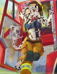 big_breasts breasts dalmatian dog dog_ears dog_girl dog_tail female firefighter firefighter_helmet firefighter_uniform furry furry_only sixthleafclover tagme