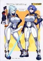 2futas areola areolae balls big_breasts blue_hair bodysuit breasts clothed clothing crossover dialogue dickgirl duo eyepatch fully_clothed futa_only futanari hataraku_saibou hataraku_saibou_black huge_breasts huge_cock human mikoyan nipples penis scar scars short_hair standing star_wars tagme text white_blood_cell_captain_(black) white_skin