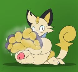 absurd_res anthro balls black_pupils bodily_fluids cat_ears_(disambiguation) claws electricsnowfox feet foot_fetish foot_focus fur genitals glistening glistening_pawpads hi_res humanoid_genitalia humanoid_penis male meowth musk nintendo pawpads paws penis pokémon_(species) pokemon pupils slit_pupils smelly smelly_feet solo steamy_feet sweat sweaty_feet tan_body tan_fur video_games white_eyes