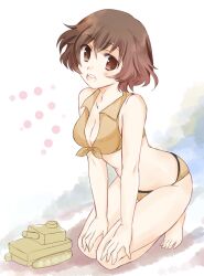 1girls abenattou akiyama_yukari bare_legs barefoot brown_eyes brown_hair cleavage eyebrows_visible_through_hair female girls_und_panzer hands_on_knees on_knees open_mouth short_hair