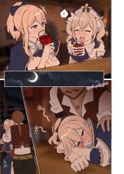 2girls alcohol barbara_(genshin_impact) blonde_hair blue_eyes blush breasts clothing dokuneko_noil drinking drugged drunk female genshin_impact heart imminent_rape jean_gunnhildr long_hair male night nun open_mouth ponytail rape sisters smile tavern thought_bubble twintails waking_up