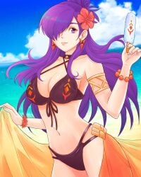 1girls absurdres bangs beach bikini black_swimsuit breasts cape choker cleavage female female_only fire_emblem fire_emblem:_three_houses fire_emblem_warriors:_three_hopes food hair_bun hair_over_one_eye highres ice_cream long_hair looking_at_viewer medium_hair nintendo purple_eyes purple_hair sarong shez_(female)_(fire_emblem) shez_(fire_emblem) single_hair_bun solo swimsuit truejekart