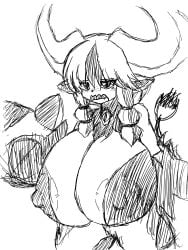 breasts cow_ears cow_girl cow_horns cow_tail disgaea disgaea_6 evil_eye_(disgaea) exposed_nipples feather_etc. huge_breasts large_breasts monster_girl nipple_bulge nipples nippon_ichi_software