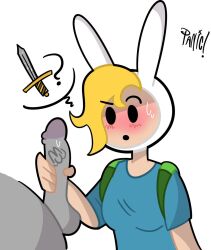 1boy 1girls adventure_time backpack bag blonde_hair blush cock confused_look facial female fionna_the_human_girl handjob headwear human male manual marshall_lee masturbation pale_skin penis
