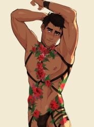 1boy arcane arcane_jayce ariesbutworse arms_up artistic bondage dark_hair flower jayce_talis league_of_legends looking_at_viewer male male_in_lingerie male_only nipple_piercing piercing pinup pinup_pose short_hair tagme tan-skinned_male tan_skin