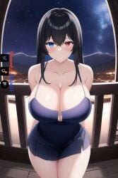 1girls ai_generated artist_self-insert background blue_eyes cleavage emzie01 funemily1 hands_behind_back heterochromia large_breasts long_hair nai_diffusion night red_eyes short_dress sky smile stable_diffusion standing tagme watermark