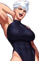 1girls arm_behind_head big_breasts breasts dragon_ball female female_only hi_res kei_(subway_gorilla) leotard looking_at_viewer narrowed_eyes open_mouth original original_character red_eyes saiyan short_hair smiling_at_viewer solo solo_female sotcho toned_female tongue_out upper_body white_background white_hair