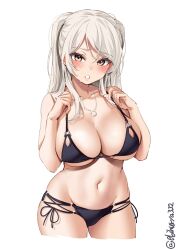 bikini black_bikini blush breasts brown_eyes cleavage collarbone conte_di_cavour_(kantai_collection) cowboy_shot cropped_legs ebifurya eyebrows_behind_hair female grey_hair hair_between_eyes highres jewelry kantai_collection large_breasts long_hair looking_at_viewer multi-strapped_bikini navel necklace o-ring o-ring_bikini o-ring_bottom o-ring_top open_mouth ring solo stomach swimsuit twitter_username two_side_up white_background