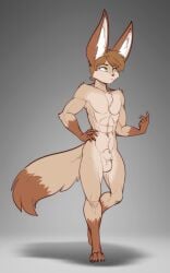 2022 abs absurdres animal_genitalia anthro balls big_ears brown_body brown_fur canid canine canis chest_tuft dipstick_tail elbow_tuft eyebrow_through_hair eyebrows eyelashes fennec fox fur furry genitals green_hair hand_on_hip highres hybrid inner_ear_fluff jackal jia_(scorpdk) leg_markings male male_only mammal markings muscular muscular_male navel nude original original_character scorpdk sheath short_hair shoulder_tuft solo solo_male tail_markings translucent translucent_hair tuft unamused