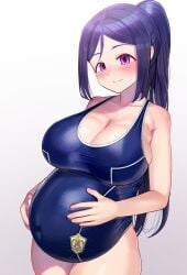 big_breasts blue_hair blush cleavage egao_sikorsky female female_only hand_on_belly hands_on_belly holding_belly huge_breasts long_hair looking_at_viewer love_live! love_live!_sunshine!! matsuura_kanan one-piece_swimsuit ponytail pregnant purple_eyes school_swimsuit skin_tight smile solo swimsuit