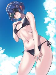 1girls alternate_costume bikini black_bikini blue_eyes blue_hair boris_(noborhys) breasts cloud commentary_request cowboy_shot day embarrassed female female_only fire_emblem fire_emblem_awakening hair_ornament hair_up highres lucina_(fire_emblem) lucina_(summer)_(fire_emblem) marth_(fire_emblem_awakening) mask navel nintendo short_hair side-tie_bikini sky small_breasts solo sweatdrop swimsuit tiara