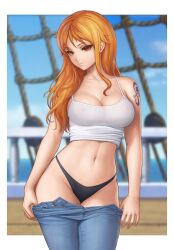 1girls 2d big_breasts black_panties breasts female female_only flowerxl jeans light-skinned_female light_skin lowered_pants nami nipples nipples_visible_through_clothing one_piece orange_hair pale-skinned_female pale_skin panties pants_pull pink_nipples pirate post-timeskip see-through_clothing see-through_top solo tattoo thick thick_thighs thighs thin_waist undressing wide_hips