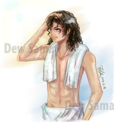 1boy 2012 after_shower black_hair celebrity colored_sketch curly_hair dew-sama hand_on_head long_hair male male_only michael_jackson musician real_person signature sketch solo topless towel towel_around_neck towel_around_waist watermark wet wet_hair wet_skin