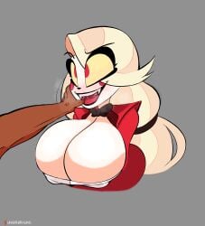 blonde_hair breasts_bigger_than_head charlie_morningstar_(hazbin_hotel) clothing color_edit dark-skinned_male demon_girl disembodied_hand fangs female female_focus fishhooking hazbin_hotel highres huge_breasts lipstick open_mouth partial_male red_eyes saliva straight_hair underground_(artist) white_body